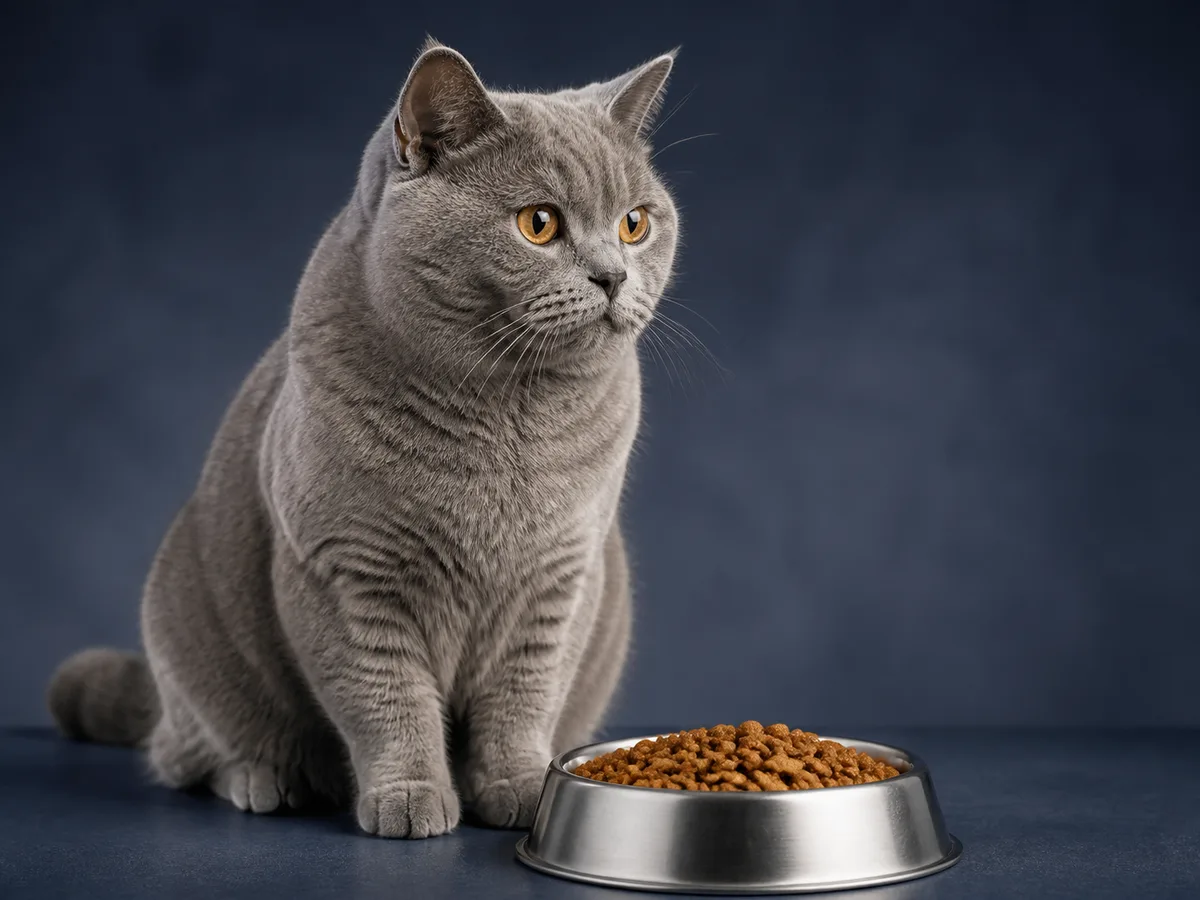 British Shorthair cat beside a bowl of dry cat kibble