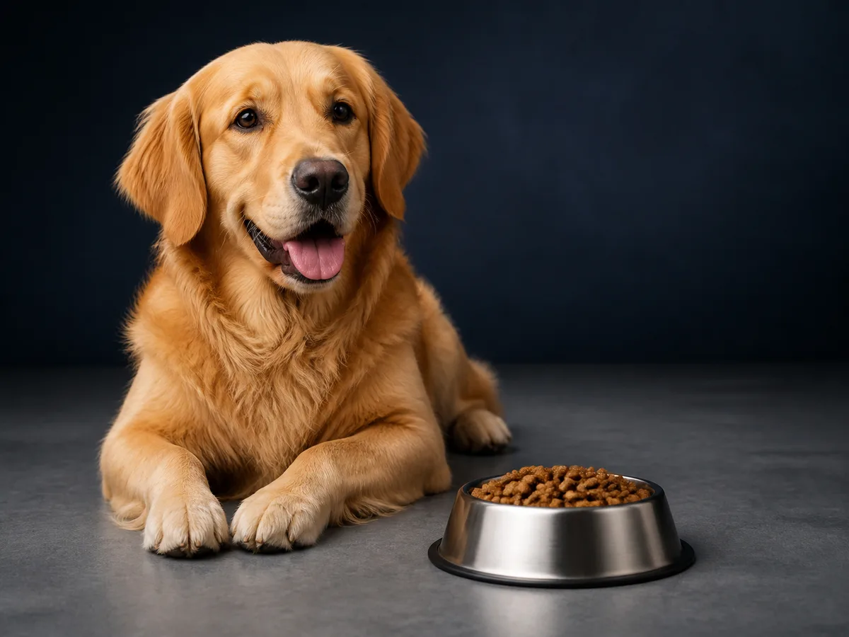 Golden retriever beside a bowl of dry dog kibble