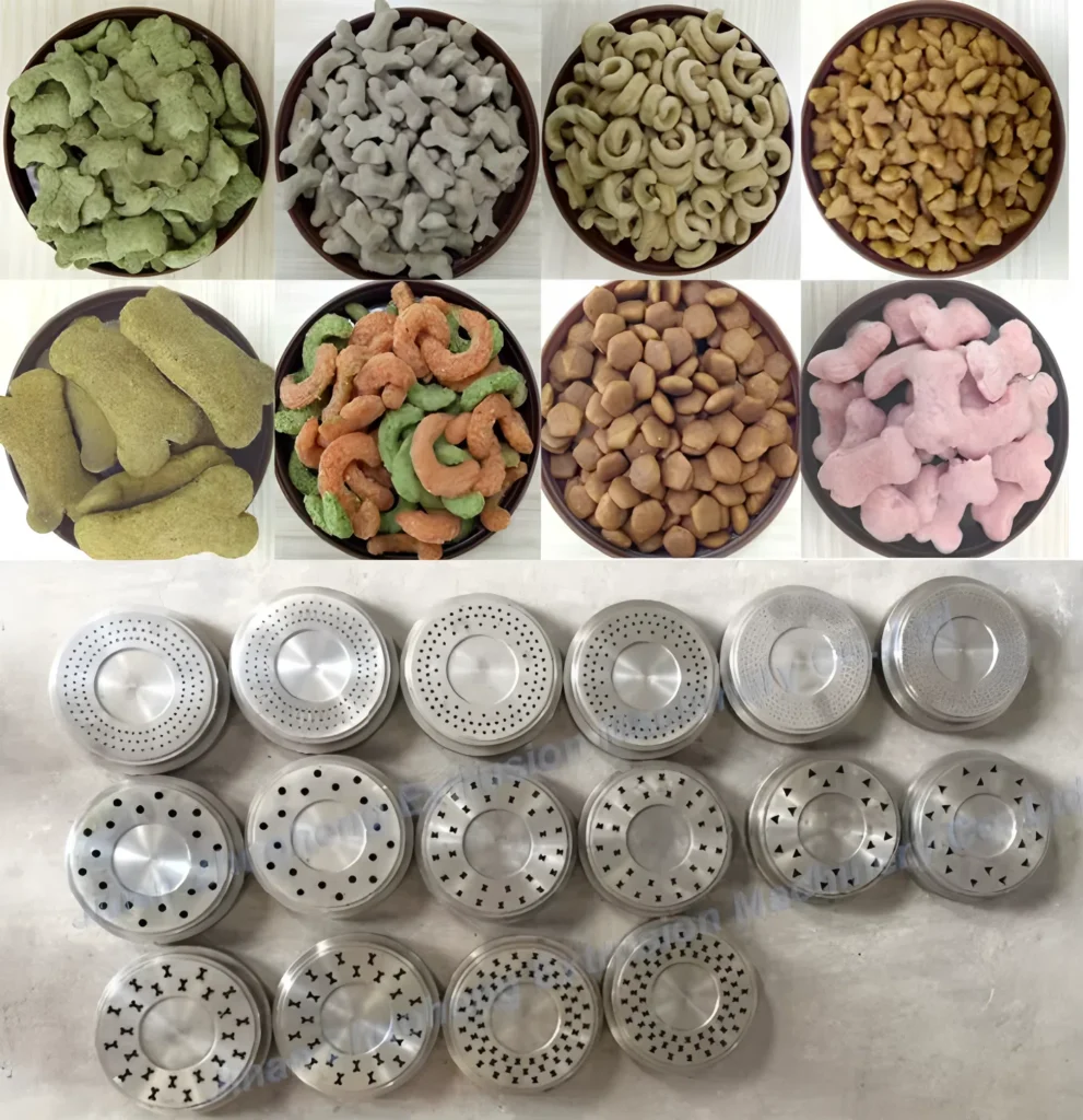 Real pet food extrusion molds and finished kibble shapes
