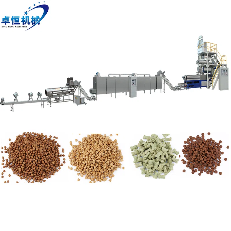 Complete Zhuoheng pet food production line with dry kibble samples